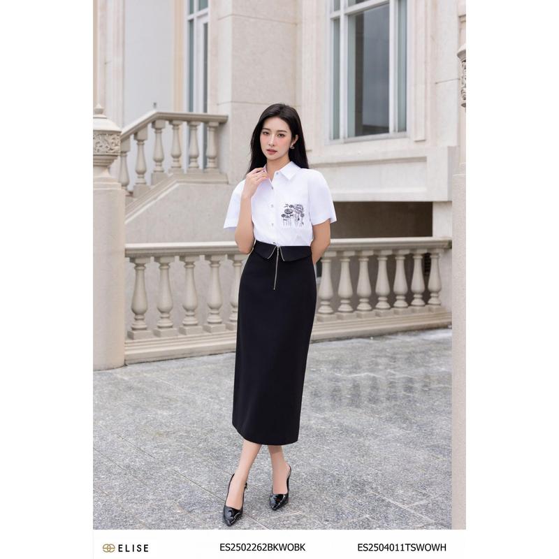 Chân váy đen khóa đồng trước cạp lật thiết kế Elise mã ES2502262BKWOBK