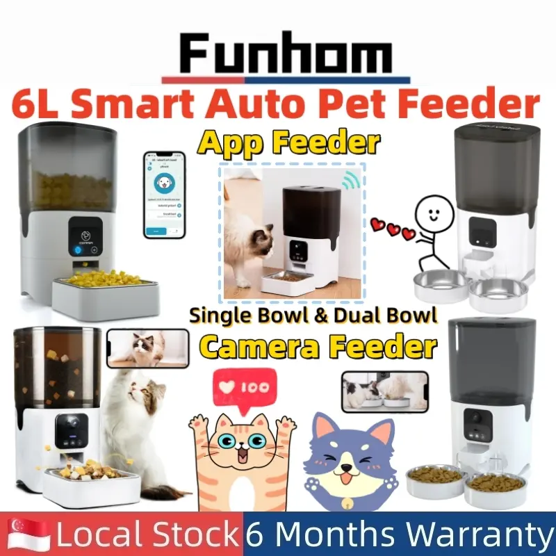 [SG Stocks]6L Smart Automatic Cat/Dog/Pet Feeders Food Dispenser With APP/Camera: WiFi With APP Control For Remote Feeding, Camera Automatic, Night Vision, Motion Detection, 1080P Camera, Detachable For Easy Clean, 1-30 Meals Per Day for Large Dog (25Cup)