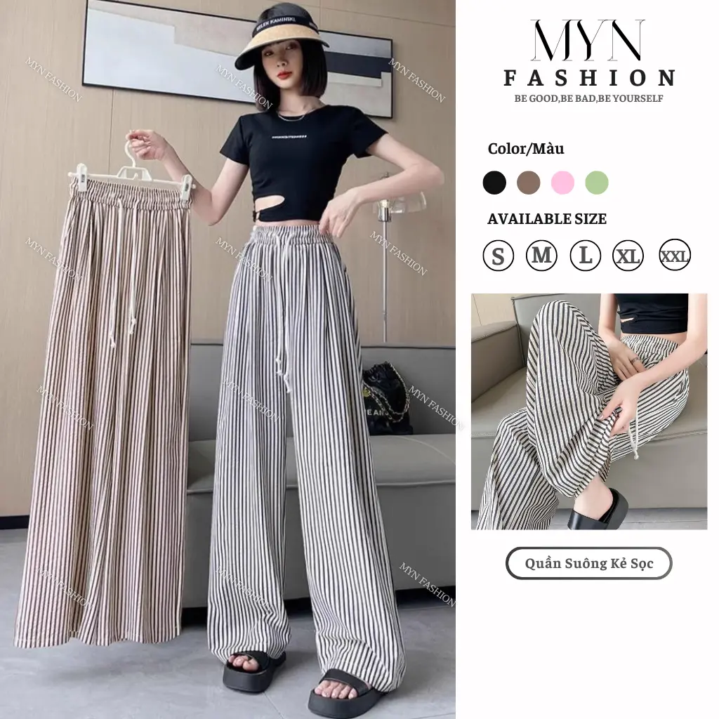 [DEAL HỜI MỞ BÁN] Quần Suông Ống Rộng Nữ, Lưng Cao Chất Đũi Xốp Kẻ Sọc Có Hai Túi Trước