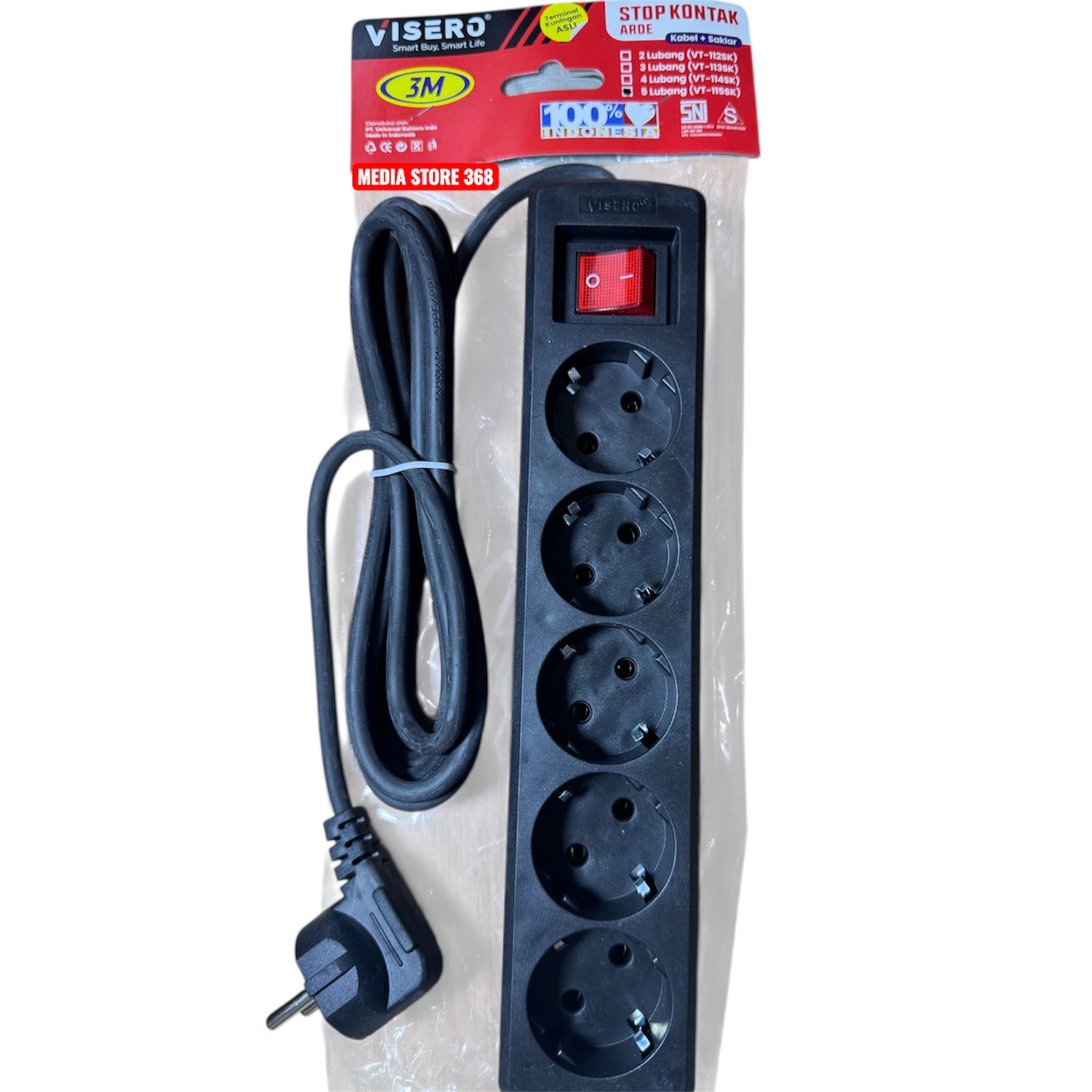 VISERO Stop Kontak/Terminal 5 Lubang Body HITAM Kabel 10M dengan Switch On/Off SNI Kabel Asli Tembaga Tahan Panas Kuat Tahan Lama