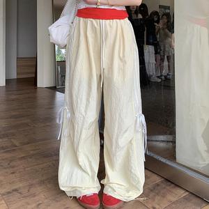 American Street Pink Casual Wide Leg Pants for Women's Summer New Bow High Waisted Straight Leg Sports Pants Womenswear Bottom Lingerie Trouser Basic Blue Minimalist