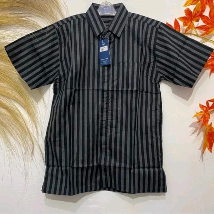 kemeja lurik tenun halus lengan pendek Hem Atasan Pria Dewasa Hitam Salur Formal Katun halus 6