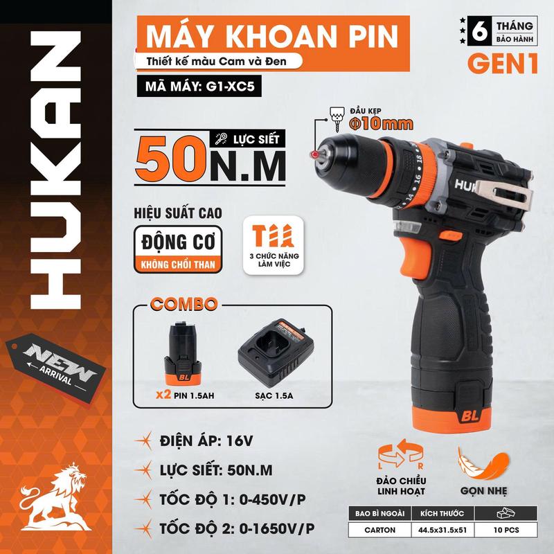   HUKAN  Bộ Máy Khoan Pin XC5 Hukan đầu kẹp 10mm kèm 2 Pin Lithium-ion 4 cell 1 1.5A sạc theo máy 