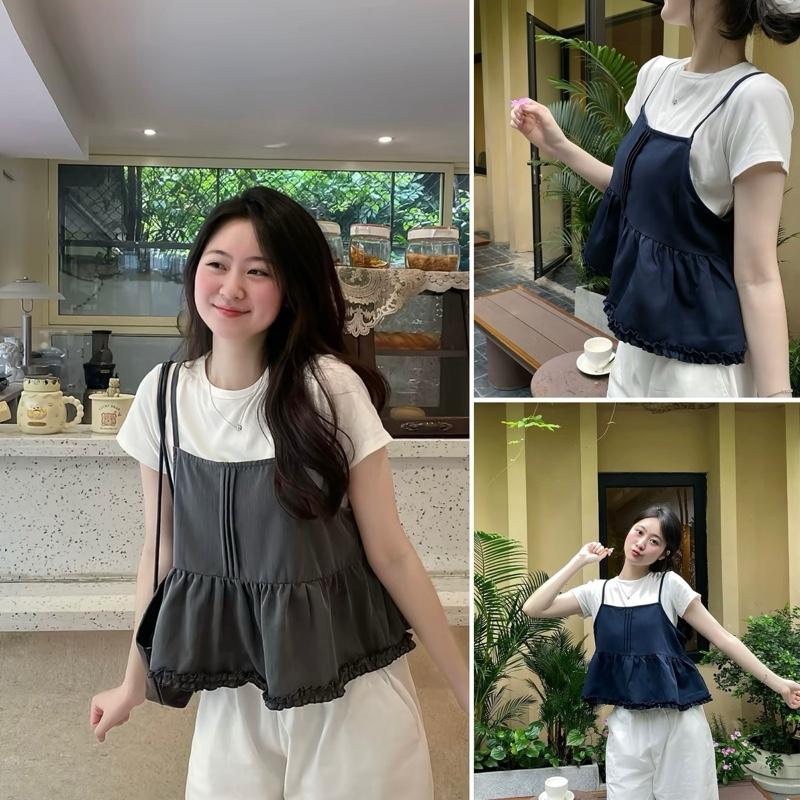 Sét Áo 2 Dây kèm Áo Phông Nữ Cộc Tay Basic Freesize by Halinh M305