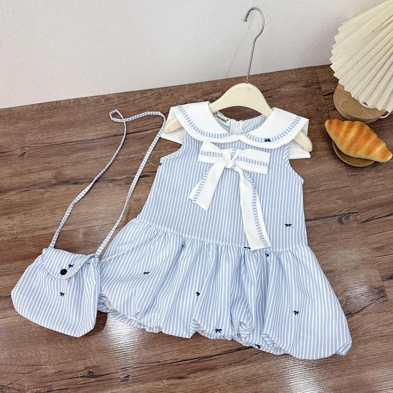 Vivi Baby Váy Bí Kẻ Xanh Chữ A Nơ Trắng Cổ Thủy Thủ xinh xắn cho bé gái 8-20kg