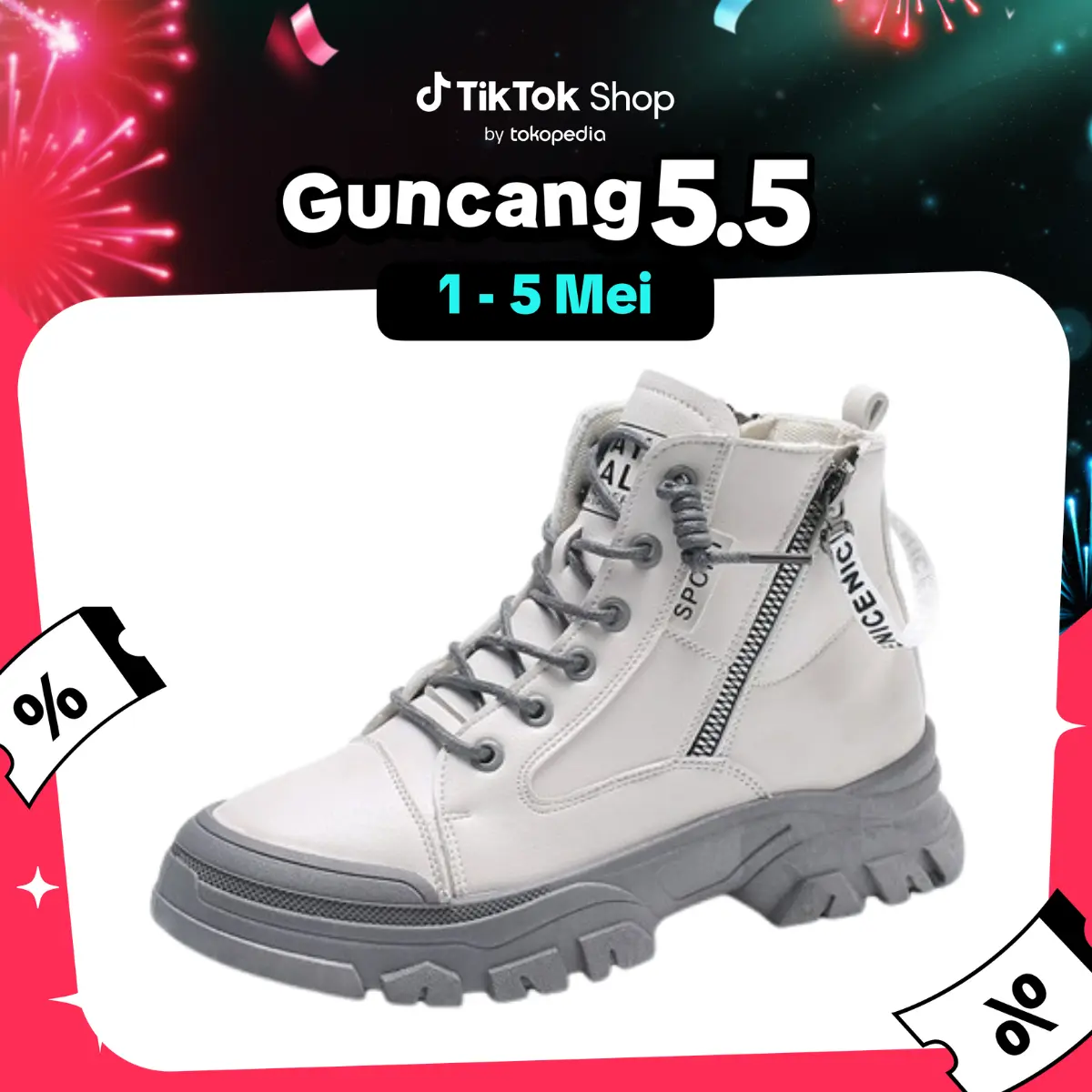PINKEY P023 Sepatu Sneakers Boots Wanita Putih Berkualitas Tinggi dengan Heels 5cm Shoes