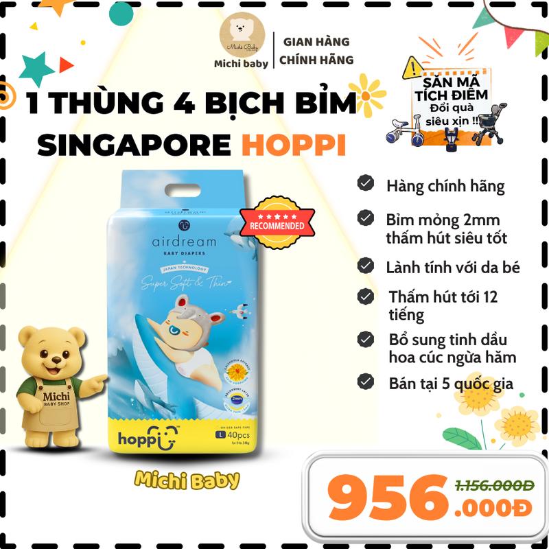 1 Thùng 4 Bịch Bỉm Singapore Cao Cấp Hoppi Airdream Siêu Mềm Mỏng 2mm - MC792