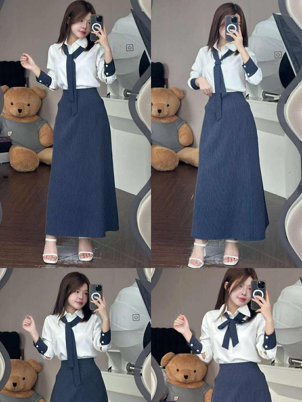 T217( CHẤT TRUNG BÌNH) set váy cố sơ mi cà vạt chân váy kẻ 2 lớp