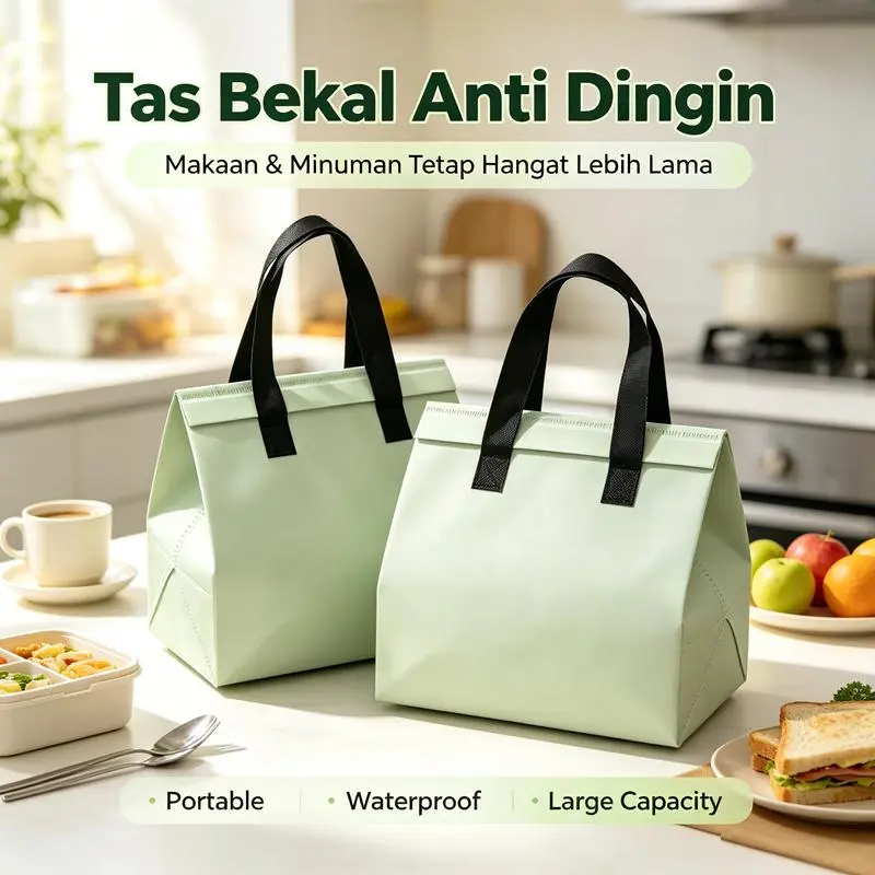 Tas Bekal Thermal Tahan Panas Dingin Lapisan Aluminium Foil, Bahan Oxford Anti Air Anti Bocor Kapasitas Besar, Praktis Dibawa Kerja Sekolah Piknik Alat Penyimpanan