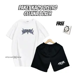 Paket Kaos Distro Putih Celana Boxer Dewasa Keren Premium ( Free Gelang Tali )