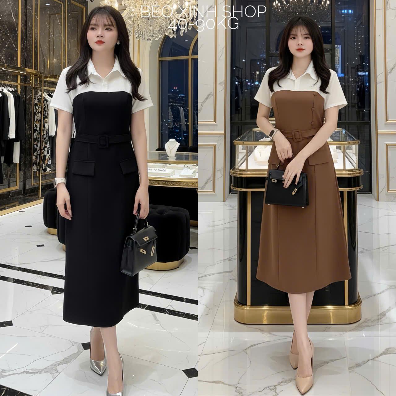 Váy Thiết Kế Công Sở Phối Cổ Sơ Mi (Vải Tuyết Mưa) Dày Dặn Cao Cấp Thanh Lịch Cho Các Nàng Bigsize 40–95kg Thời Trang Nữ Béo Xinh Shop - A.1590
