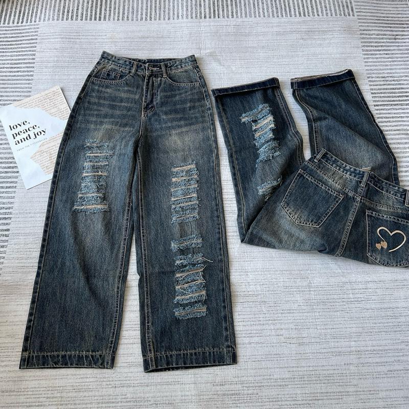 LN153.6 95cm Quần Ống Suông Rách Phối Thêu Màu Rêu Đậm Form Vừa Chất Vải Jean Mềm QC Cao Cấp