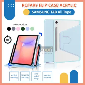 Rotary Smart Case for Tablet Samsung Galaxy Tab S10 Lite 2025 S11 S10+ S9 S9+ S8 S8+ S7 S7+ FE Plus S6 A11+ A11 A9+ A9 A8 A7 Lite 8.7 10.4 10.5 10.9 11 12.4 Inch Wifi LTE 5g Acrylic Flip Case Casing Book Cover Sarung Kesing Putar Akrilik Slot Pen Holder