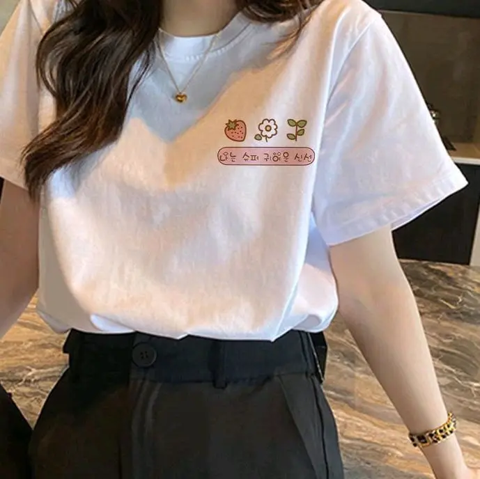 Kaos distro basic wanita dtf print kaos t-shirt cewek oblong santai korea|logo strawberry Atasan Polos Pendek Baju Oversize