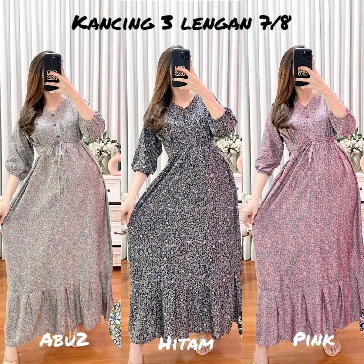 Dress gamis Mahalini/ Kancing 3 panjang lengan 7/8