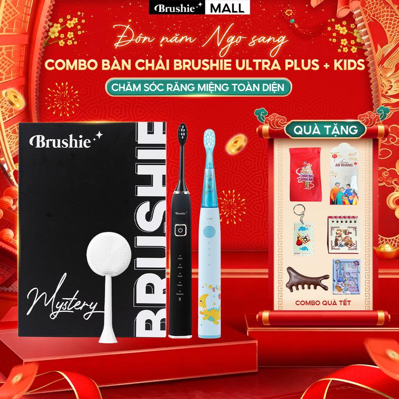   BÃO SALE  Combo bàn chải điện Brushie Ultra Plus chính hãng tích hợp đầu rửa mặt và bàn chải điện trẻ em Brushie Kids - TẶNG BỘ ĐỒ DÙNG HỌC TẬP + 1 MÓC KHÓA TẾT + 1 TÚI TẾT MÀU ĐỎ BRUSHIE + 1 LƯỢC MASSAGE NÂU + 1 BỘ 5 LÌ XÌ + 1 LỊCH MINI + 1 MÓC KHÓA TẾT 