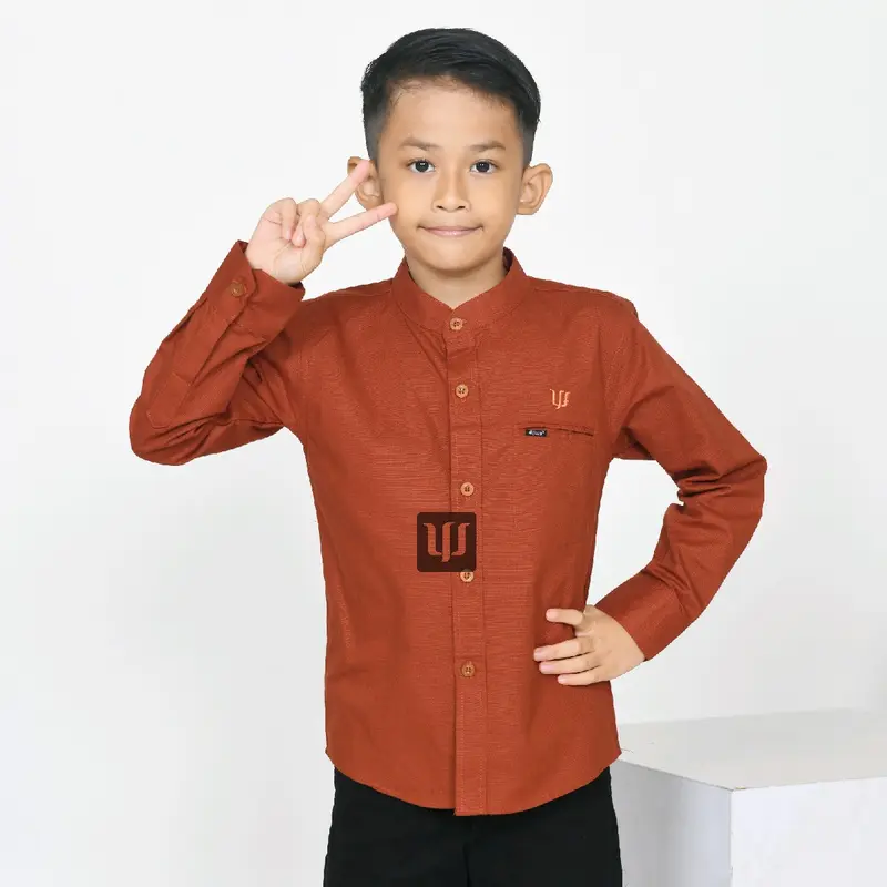 KEMEJA KOKO ANAK COUPLE AYAH (satuan) POLOS KATUN FULL LENGAN PANJANG PENDEK WARNA merah BATA / TERAKOTA Baju Muslim Keluarga 7