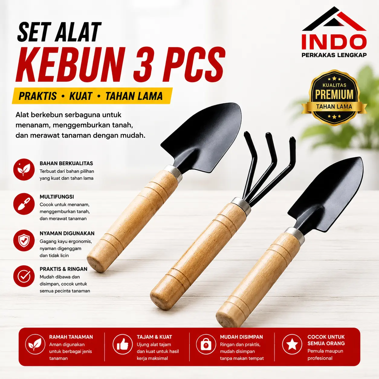Alat Kebun Set 3 Pcs Sekop Mini Garpu & Penggaruk Tanah Cocok Untuk Halaman Rumah Panjang 20-22cm