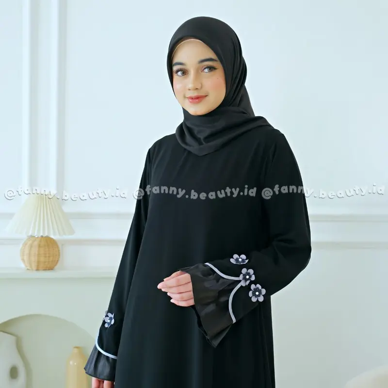 Yesha Flowers Abaya by fanny.beauty.id  Kombinasi Satin Polos  Mewah  Dress  Gamis  Wanita Muslim Bunga  Cantik 2