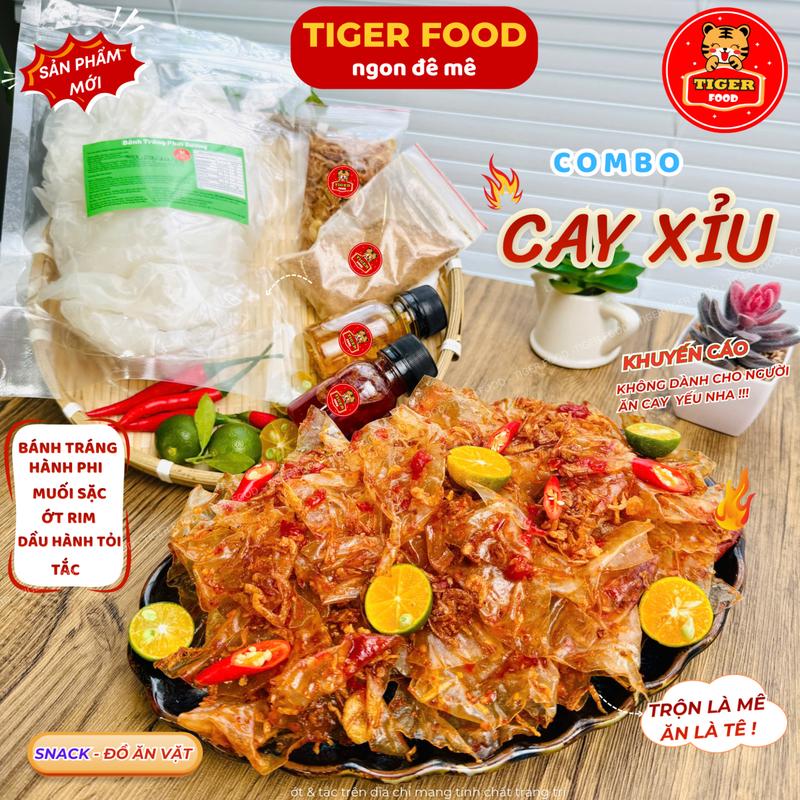  COMBO CAY XỈU - Bánh Tráng Trộn TIGER FOOD Set Bánh Tráng Phơi Sương Trộn Muối Sặc Ớt Rim Hành Phi Dầu Tỏi Tắc Siêu Cay Siêu Ghiền - Đồ ăn vặt Snack Siêu Ngon 