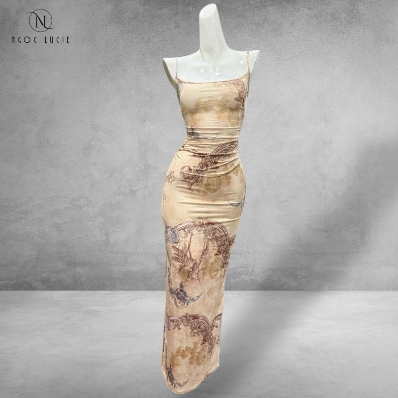 D1055 - Đầm Body 2 Dây Nhún Eo Vải Hoạ Tiết - Ngọc Lucie