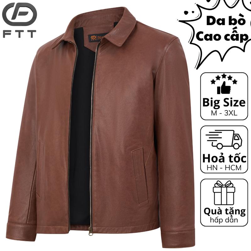 Áo khoác da bò nam nâu loang Collar Jacket dáng suông FTT Leather da thật bền bỉ không bong tróc AD417B