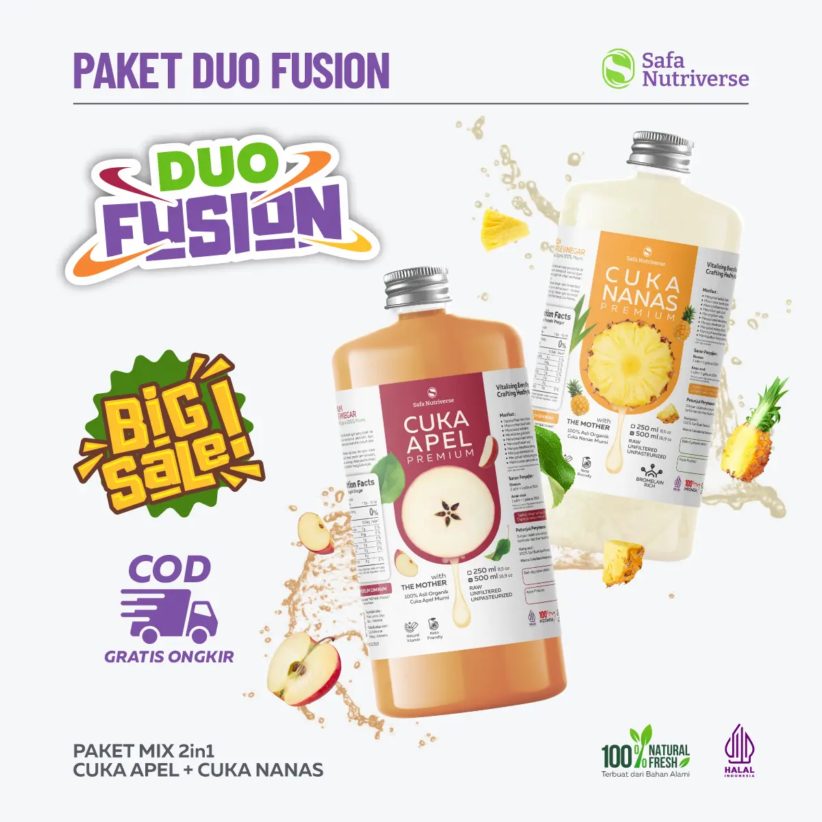 Cuka Nanas & Cuka Apel Organik with the Mother dengan inang cuka Paket Cunda 2in1 Duo Fusion Botol 500ml 250ml - Produk Organik Berkualitas