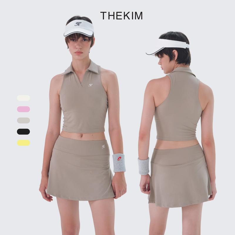  THEKIM Set váy Pickleball tennis áo ba lỗ cổ đức   có mút ngực   và chân váy ngắn thể thao xẻ tặng kèm băng đô CS325 