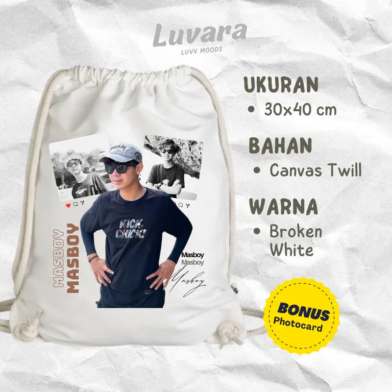 Tas serut WHITE Masboy Isal Andika bonus PHOTOCARDS bahan Canvas Twill 30x40cm warna tidak luntur 1