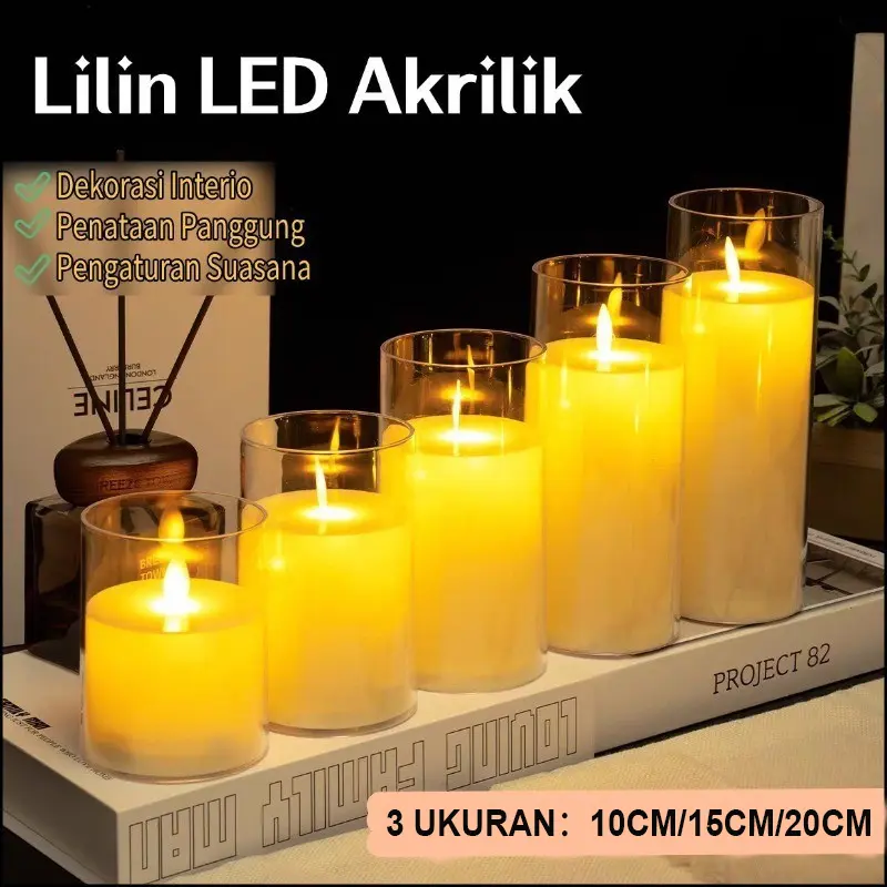 Set Lilin LED Akrilik Sumbu Goyang Ditenagai Baterai, Lilin Elektrik 3D