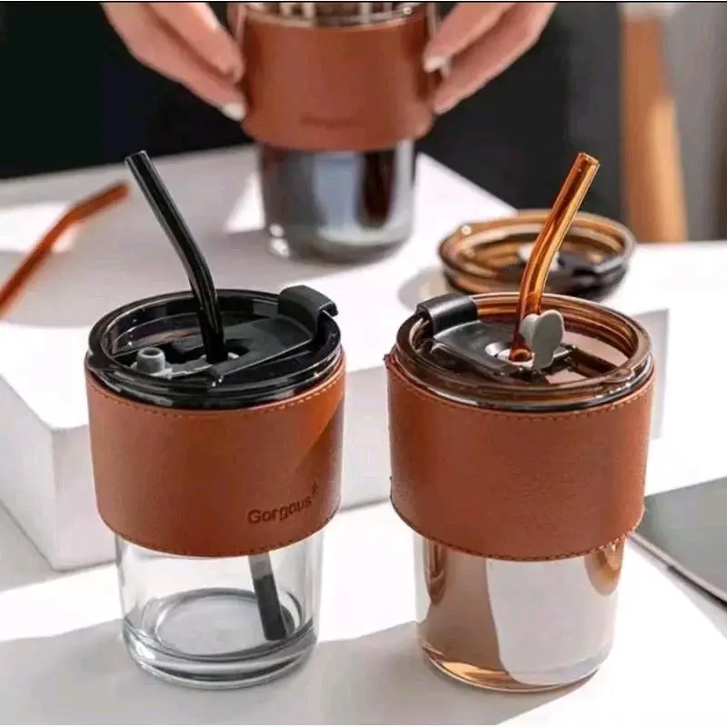 TUMBLER GELAS KACA AESTHETIC BOTTLE CUP SIMPLE 400ML FREE STRAW GLASS 1