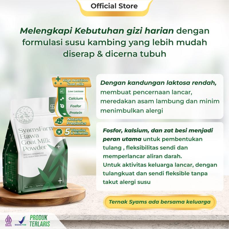 Ternak Syams Susu Kambing Etawa Bubuk Rasa Original 500 gram alami rendah gula asam urat nyeri sendi osteoporosis kebas keram kesemutan pengeroposan tulang lansia pegel linu radang asma syaraf kejepit diabetes hipertensi rendah laktosa herbal