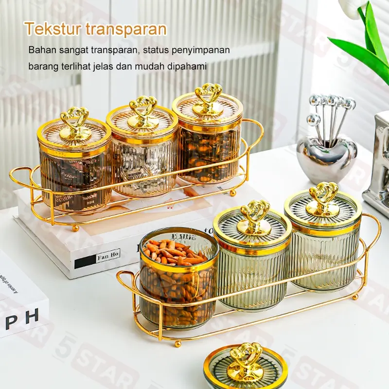 【Flash Sale】5STAR Set Toples Gold & Nampan Mewah - Guci & Kotak Penyimpanan Kue, Camilan, Dapur, Set Tangki Segel Plastik, Desain Elegan untuk Lebaran 6