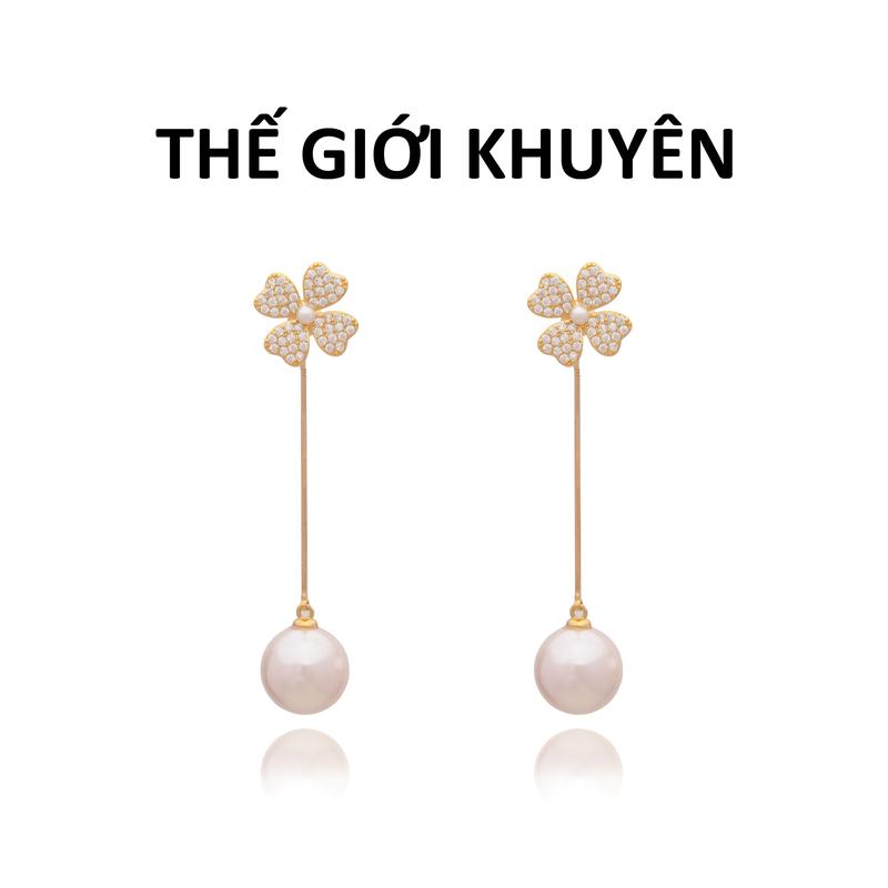  Bông Tai Cỏ 4 Lá Thả Dáng Dài Gắn Ngọc Có Thể Tháo Rời Đeo 2 Kiểu Hoa Tai khuyên Tai Mạ Vàng 