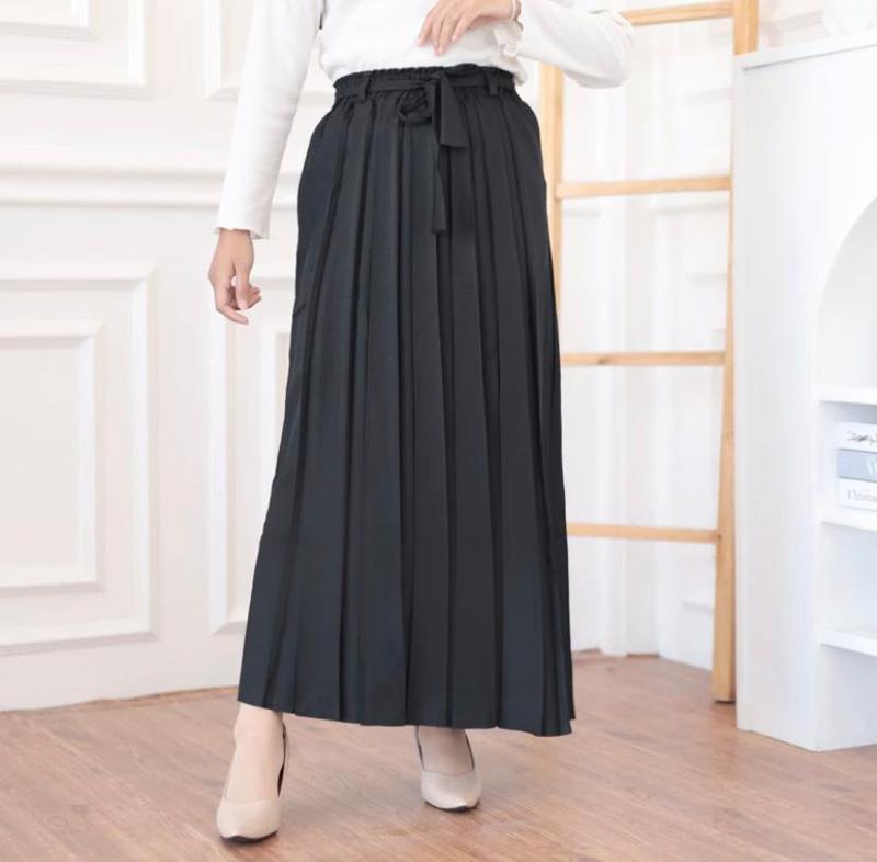 GHEA FASHION | Rok Plisket Semi Woll Jumbo - Rok Plisket Semi Woll Import Premium - Rok Plisket Polos Formal Kerja Karet Wanita Panjang Nyaman Hitam 4