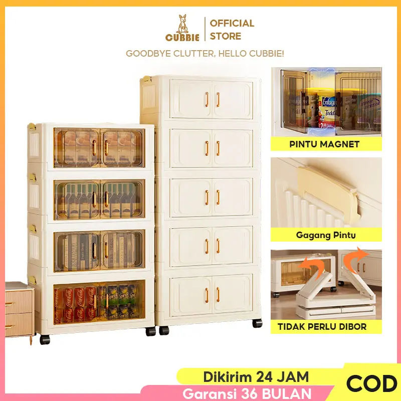 CUBBIE Lemari Lipat Plastik 2-5 Tingkat/Roda 360° Lemari plastik susun/kitchen Organizer box/Pintu Magnet Mainan Storage Box Serbaguna/Lemari Pakaian Plastik Ekstra besar Furniture/lemari plastik 4 susun jumb/lemari plastik model baru 2025 0