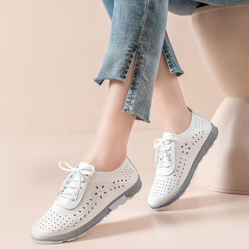 Product Introduction of Fashion Hot Shoes for Women 2025 New Real Soft Leather Versatile Lace-up Ins Mother White Shoes Tendon Bottom Shallow Mouth Nurse Thin Shoes 5