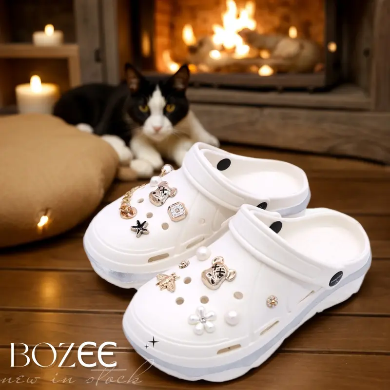 ￼BOZЄЄ Sandal 907-Wanita Korea Sandal Jelly Wanita Fuji Sandal Sepatu Tinggi 5.5cm CROSS Gold Rantai Slip On Media EVA Sandal Sendal 1