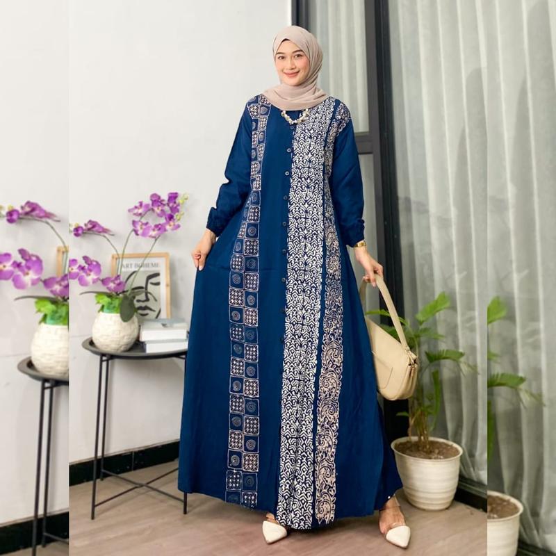 Naya Batik - Gamis Twill Ori Berkualitas Motif Batik Cap Malaman Bukan Sablon Busui Friendly Lengan Panjang Karet Model Tali Samping Full Kancing Dress Wanita Muslim Remaja Tanpa Rempel Nyaman Kain Rayon 8
