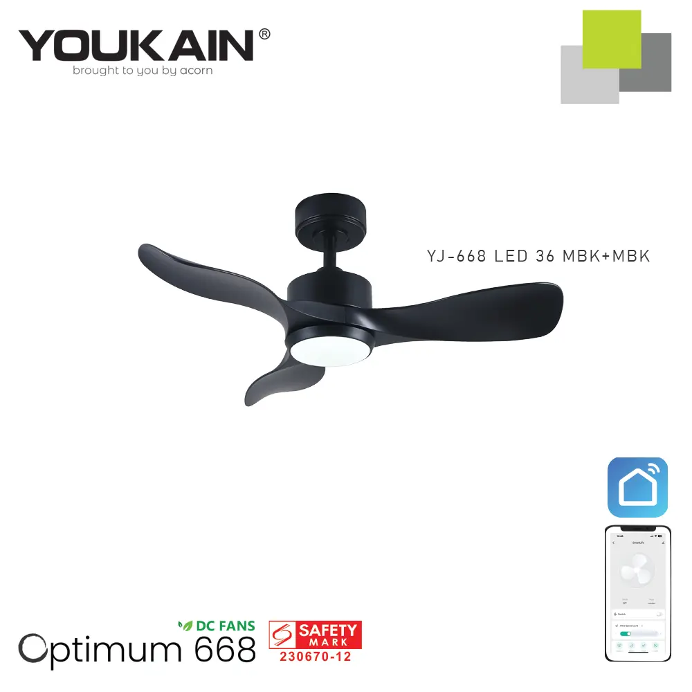 Youkain Optimum YJ-668 MBK | 36 Inch Ceiling Fan | 24W LED Tri-Color Dimmable or No Light | Downrod System | SMART App