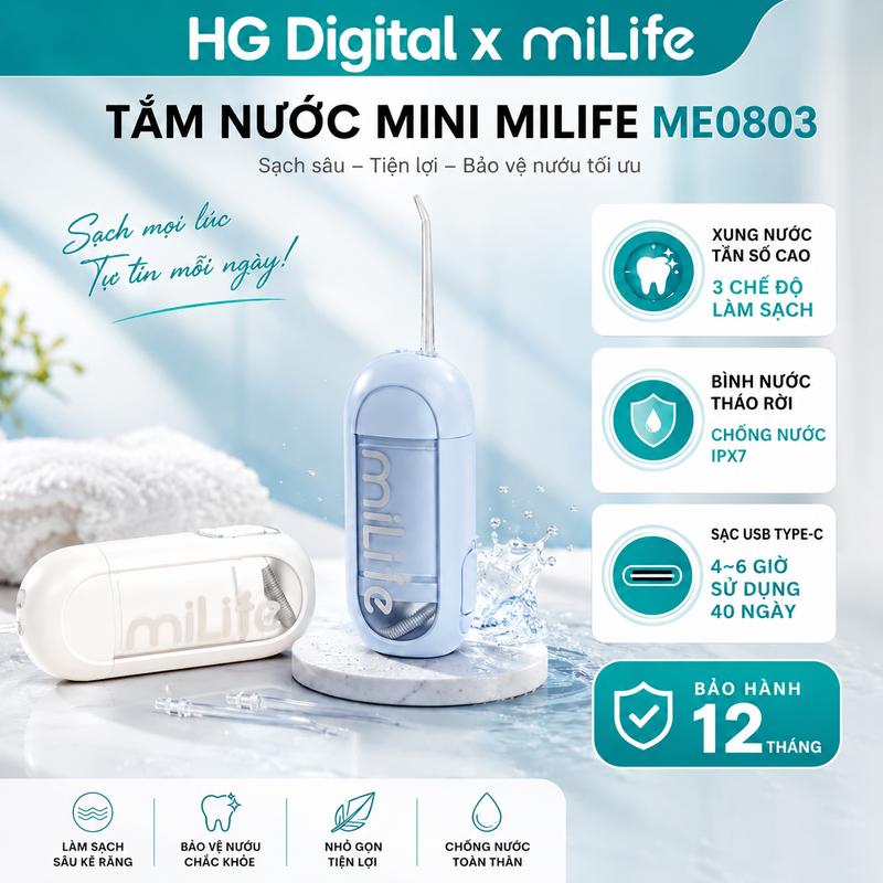 Máy tăm nước mini miLife MEO803 công suất mạnh mẽ, tần số cao kháng nước IPX7 thuận tiện đi du lịch
