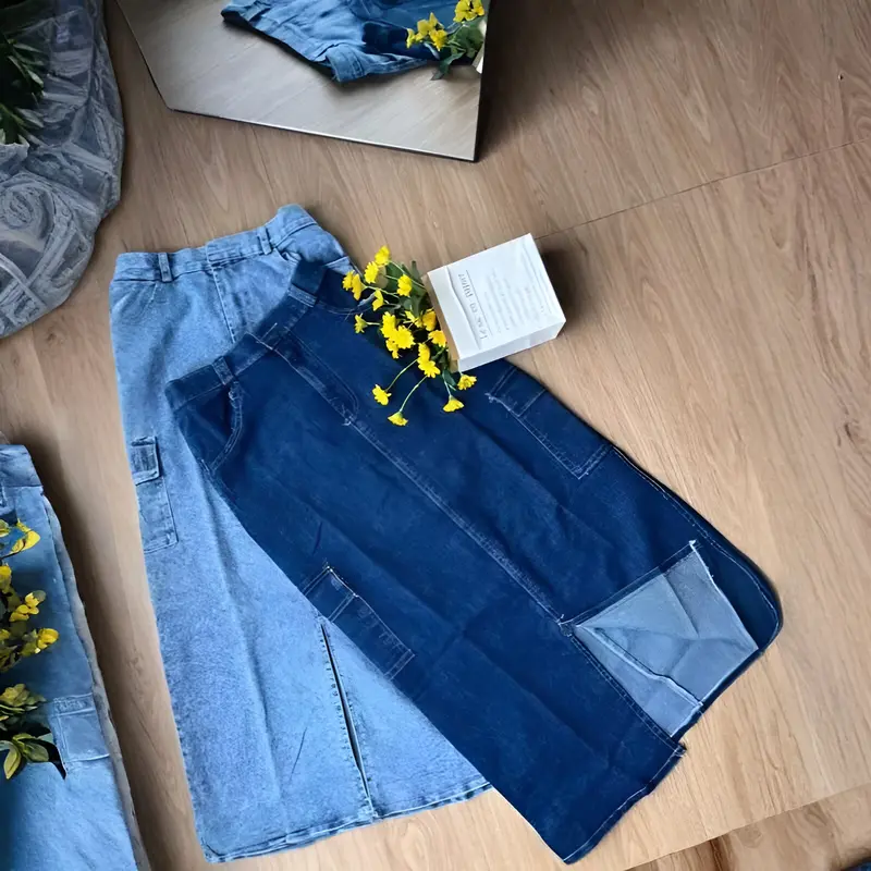 Foto AR46 - Highwaist Rok Wanita Cargo Jeans Premium Bahan Stretcy Melar Pinggang Karet Jumbo Panjang style Athumb3