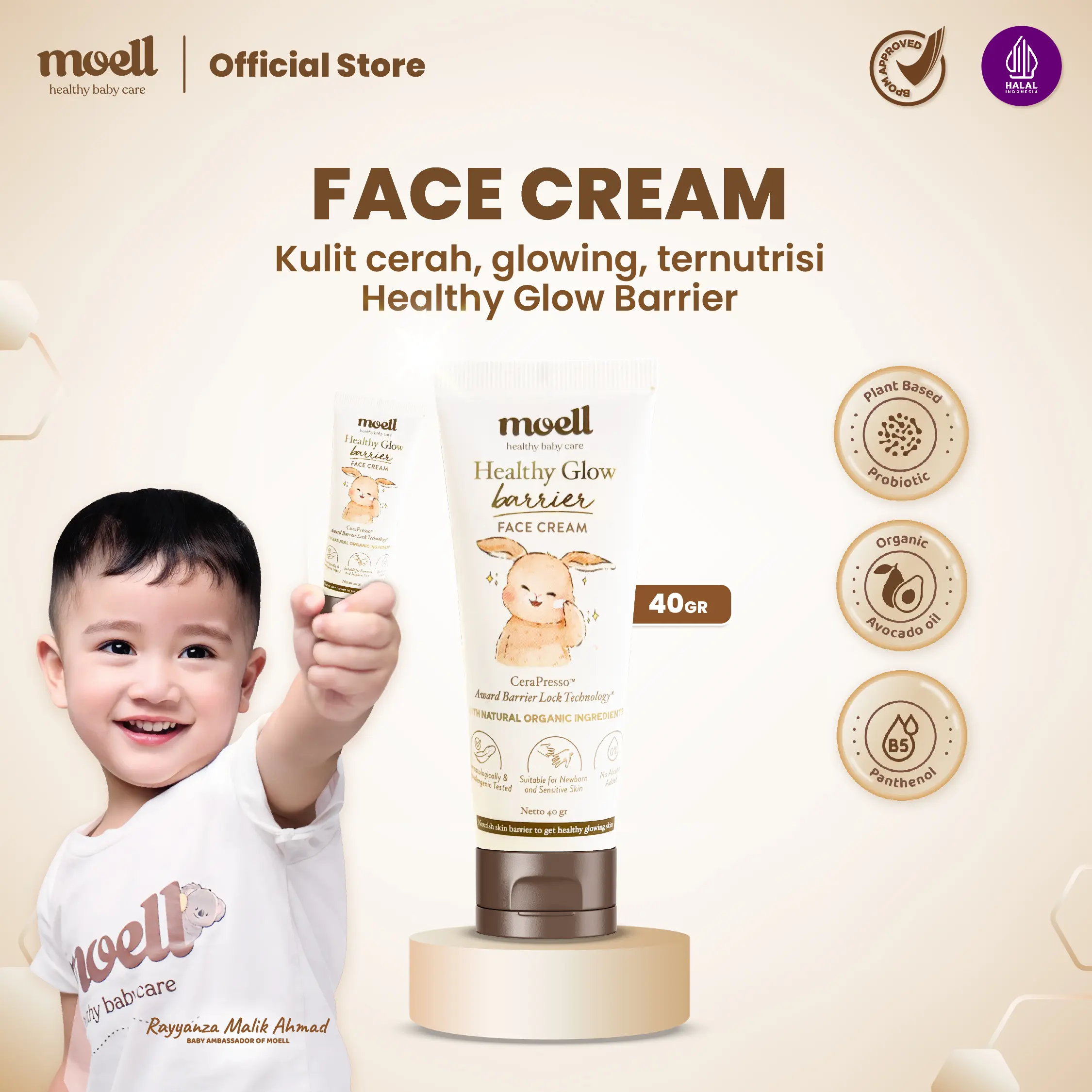 Moell Face Cream 40ml Healthy Glow Barrier With Plant Based Probiotics, Panthenol Suitable For Sensitive Skin - Skincare Untuk Bayi & Anak
