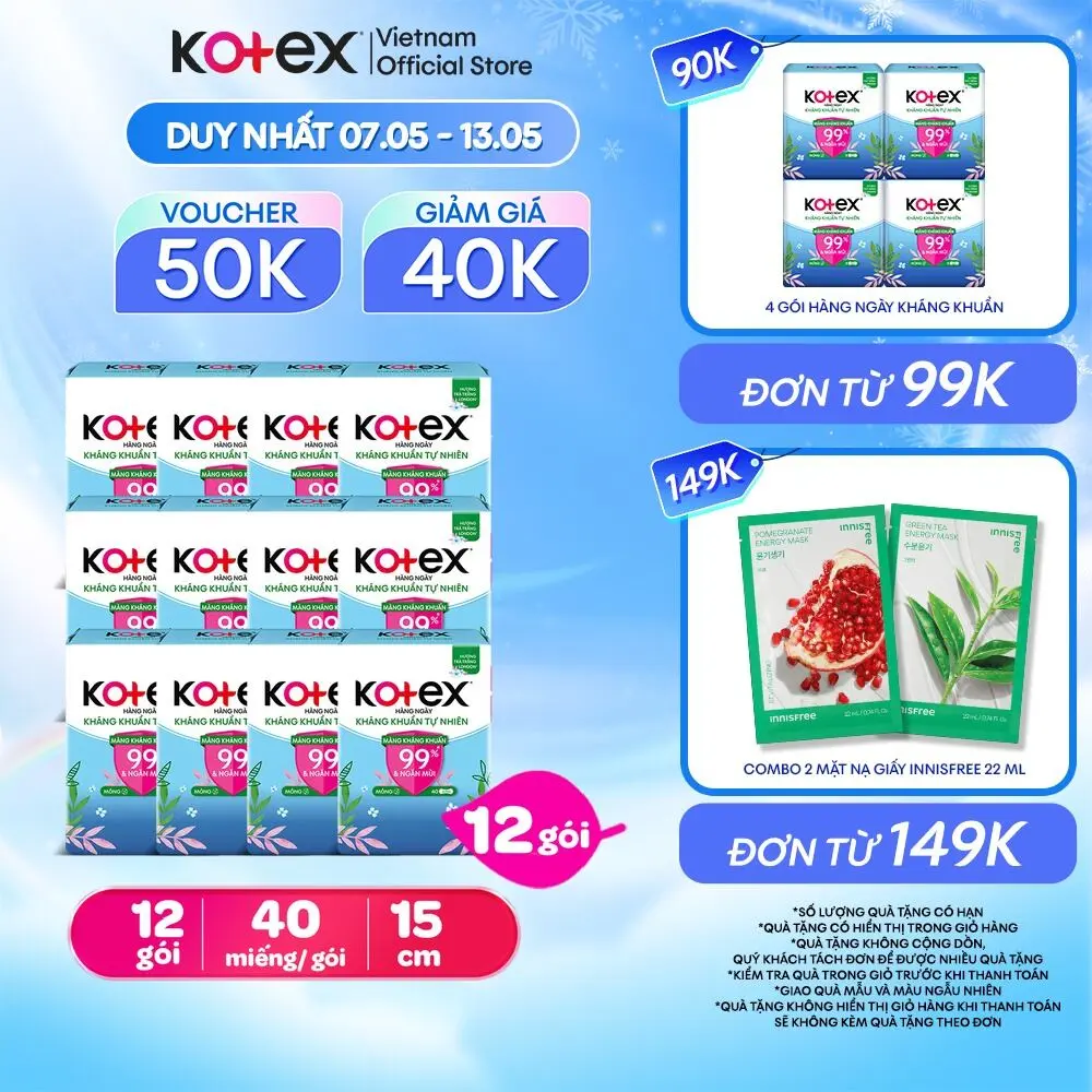 Combo 4/Combo 12 Băng vệ sinh Kotex Hàng Ngày Hỗ Trợ Kháng Khuẩn Tự Nhiên 40 miếng/gói