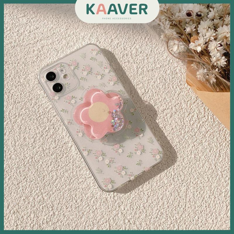 KAAVER - Pink Flower Popsocket TPU Case iPhone 7 8 SE X XS XR 11 12 13 Mini Pro Max Plus + 0