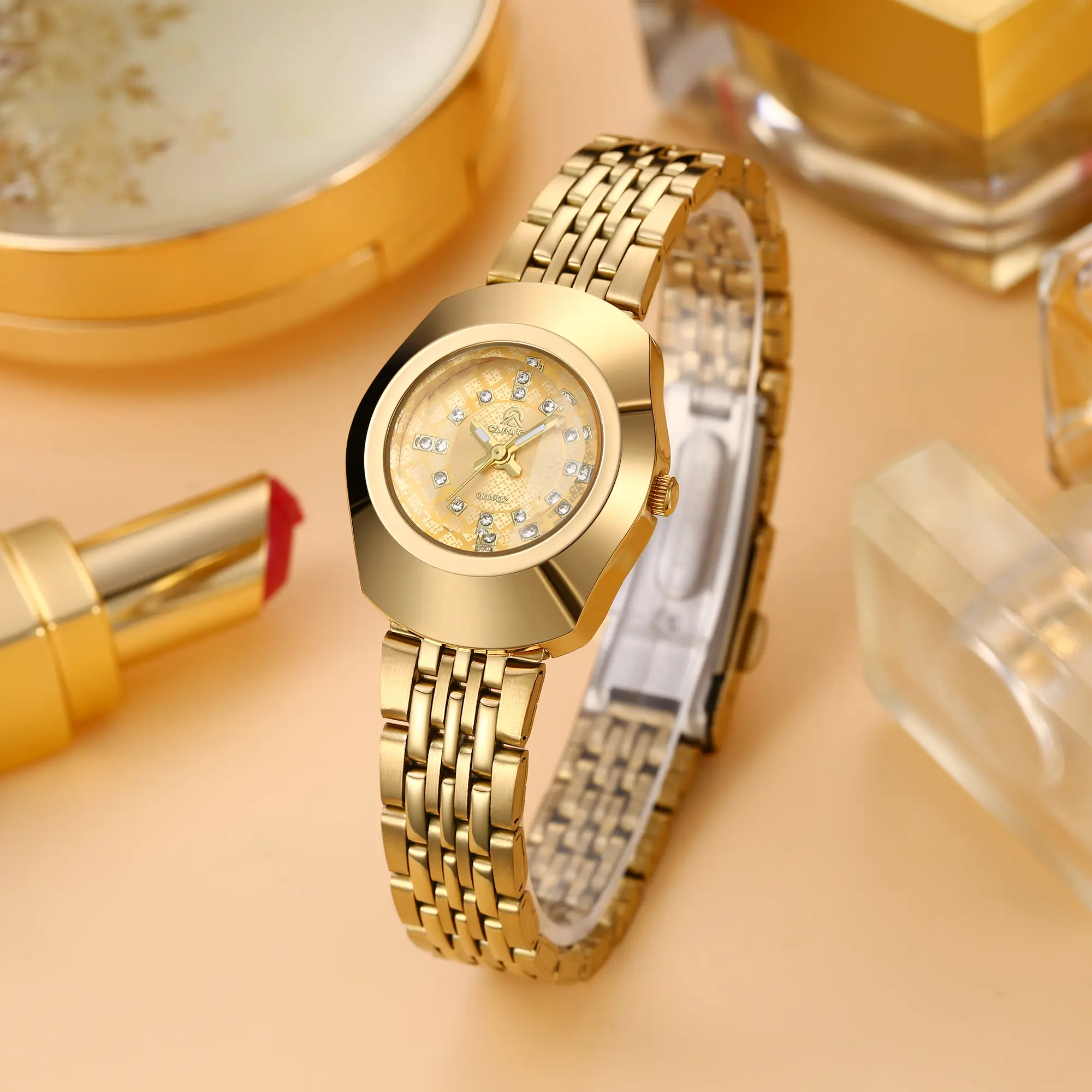 Đồng Hồ Thạch Anh Kim Cương Giả Tròn Vàng, Dành Cho Nữ, CAINUOS, Dây Đeo Bằng Thép Không Gỉ, Vỏ Và Con Trỏ Hợp Kim Kẽm, Chống Nước 3ATM, Đồng Hồ Thời Trang, Năm 2024