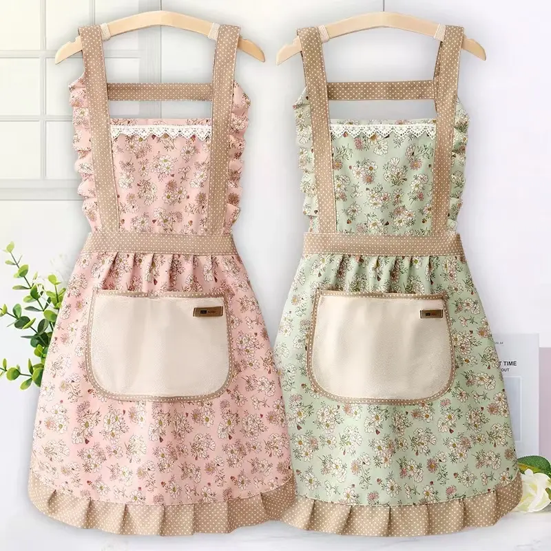 Canvas apron, pastoral style, overall, wear-resistant, suitable for kitchen cooking work, fashion, Internet celebrity style, with waist, for women