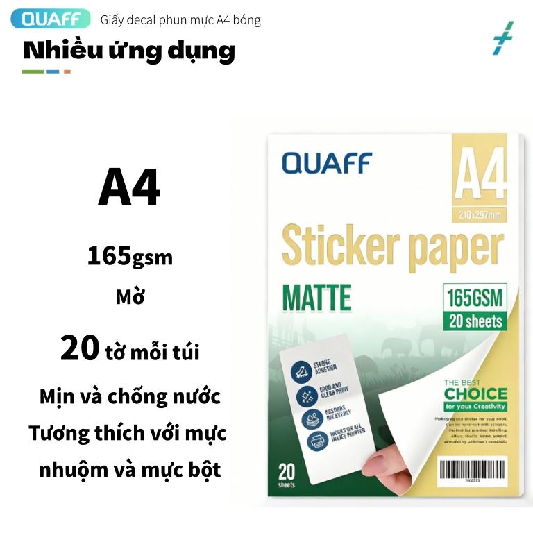 QUAFF-Giấy in ảnh đề can photo A4 165gsm decal ảnh bóng /Màu mờ (20 tờ 1 tập),Đề can tự dính