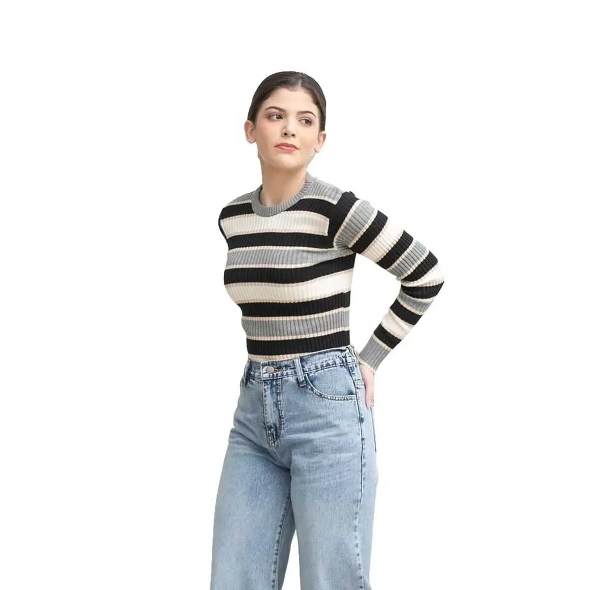 Bica Knit Sweater Stripe Wanita | Atasan Rajut Wanita Press Body Baju Crewneck