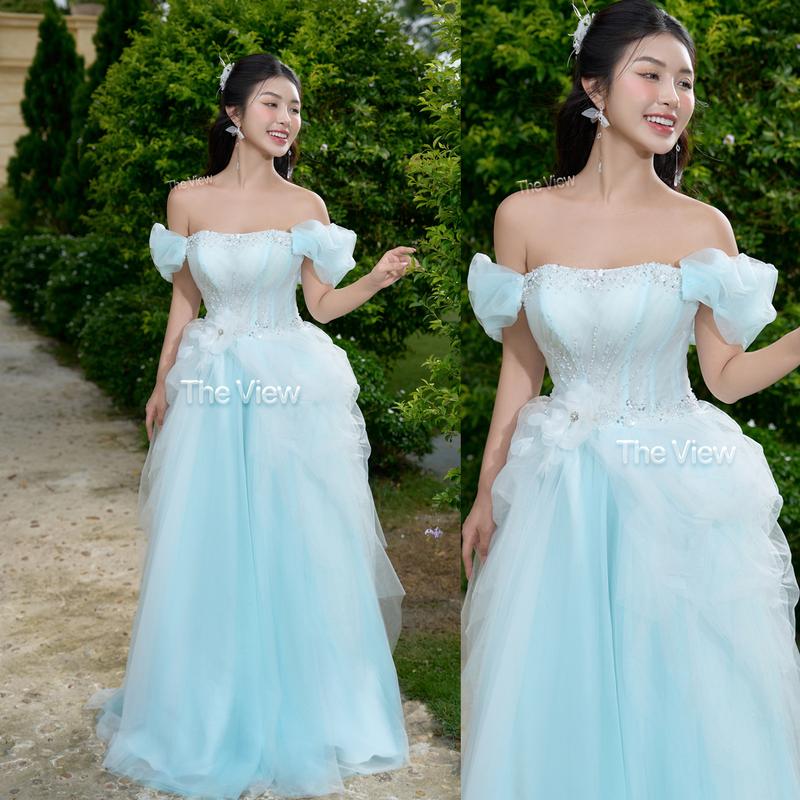 [Tặng Voan] Váy đi bàn Blue Serenity dáng suông trễ vai màu xanh ombre Dành cho cô dâu đi bàn, tiệc cưới, dạ tiệc, 366